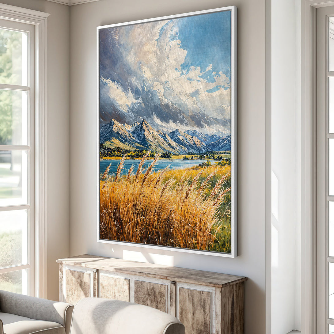 Framed Wall Art: Mountain landscape Canvas Print in a warm, neutral interior. Features a blue, gold, and white color palette, perfect for any home decor style.