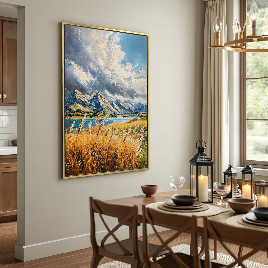 Canvas Print of a mountain landscape painting. Features a neutral color palette with blues, greens, and warm earth tones. Perfect for rustic home decor.