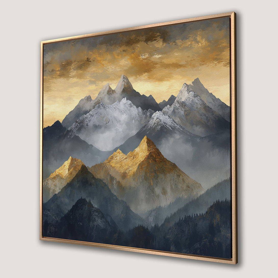 Framed Wall Art: Majestic mountain landscape Canvas Print in gold, blue, and gray tones. Bring the beauty of nature into your home!