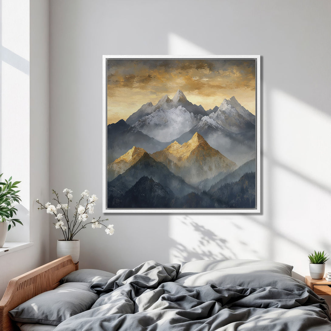 Framed Wall Art of majestic mountains in a muted, artistic style. Earthy gold, gray, and blue tones create a serene, nature-inspired aesthetic.