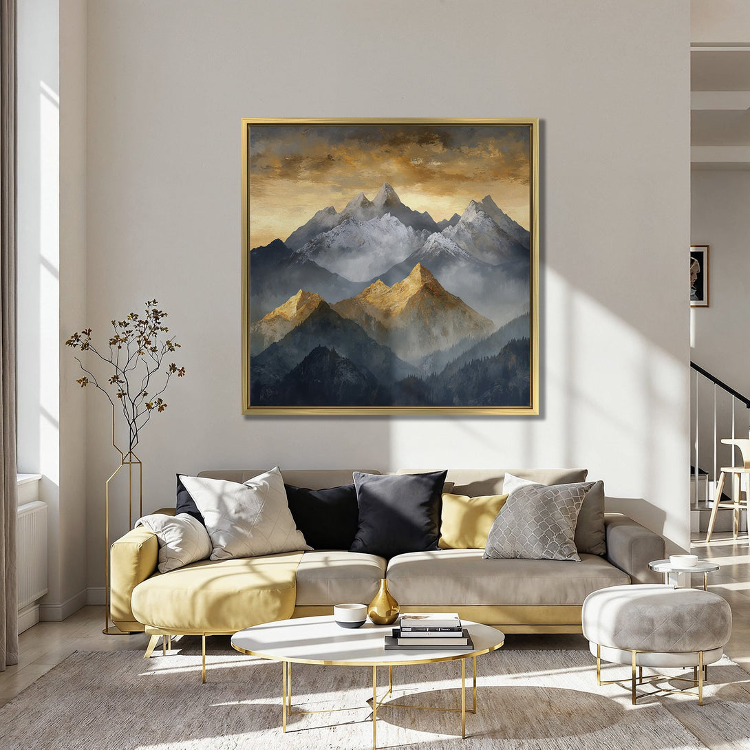 Canvas Print: Mountain landscape art in gold, gray, and blue. Abstract painting style adds a touch of elegance to any interior.