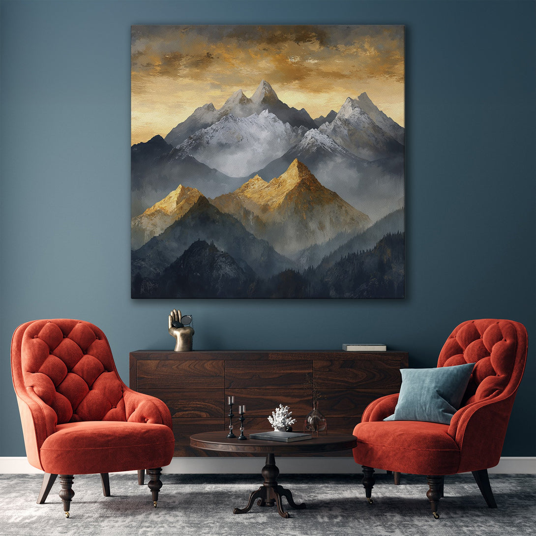 Framed Wall Art: Mountain landscape canvas print in gold, gray, and blue tones. Modern art for living room decor.