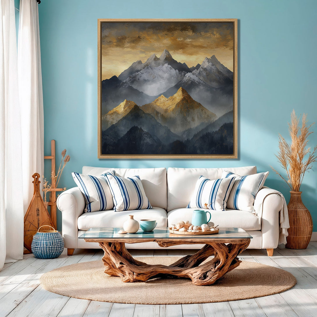 Framed Wall Art: Mountain landscape canvas print in warm gold and cool blue tones. Perfect for adding a touch of nature and style to your home decor.