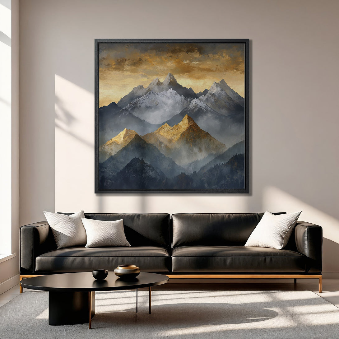Framed Wall Art: Mountain landscape canvas print in gold, gray, and blue. Modern art for living room decor.