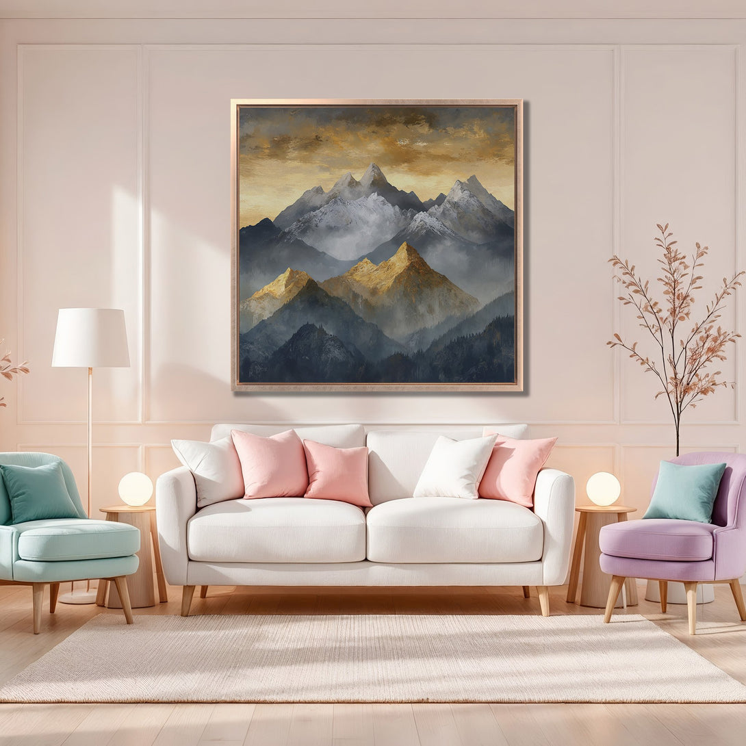 Framed Wall Art: Mountain landscape Canvas Print in warm gold & blue tones, perfect for modern home decor. Enhance your living room today!