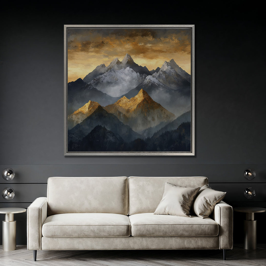 Framed Wall Art: Mountain landscape painting in warm gold and cool blue tones. Modern art canvas print for living room decor.