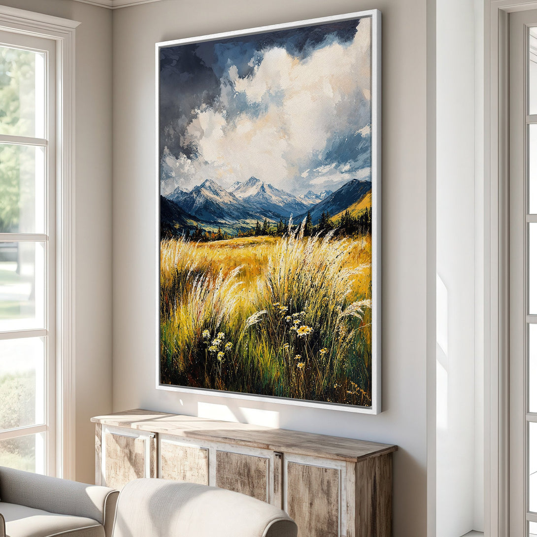 Framed Wall Art: Mountain landscape canvas print with a vibrant, impressionistic style. Features a warm yellow and blue color palette, perfect for any interior.