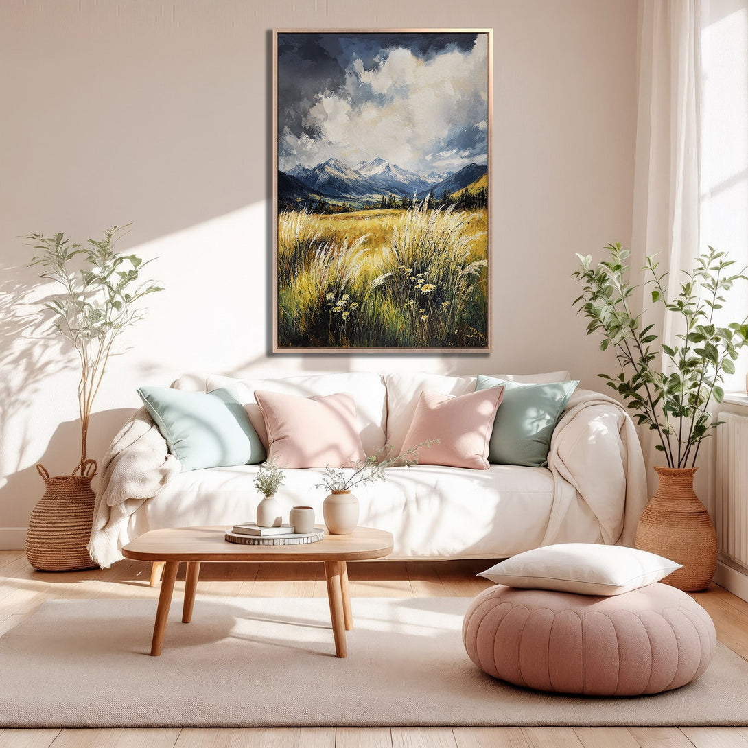 Framed Wall Art: Mountain landscape Canvas Print in neutral tones. Bring the beauty of nature into your home with this stunning artwork!
