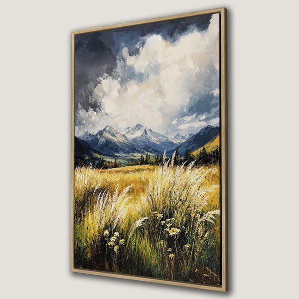 Framed Wall Art of a mountain landscape in a painterly style with a warm yellow, blue, and green color palette. Bring the outdoors in with this beautiful canvas print.