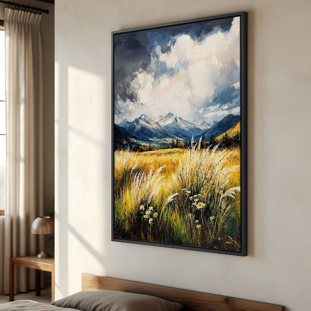 Framed Wall Art: Mountain landscape Canvas Print in a bedroom. Impressionistic style with a palette of blues, greens, and yellows. Perfect home decor.