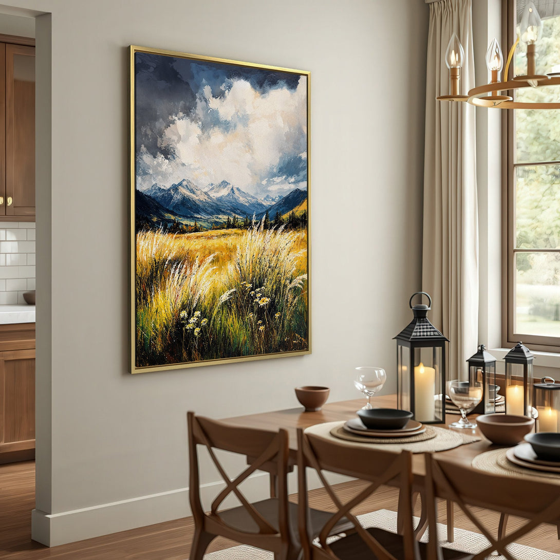 Canvas Print of a mountain landscape in a warm, earthy color palette. Rustic style wall art perfect for living room decor.