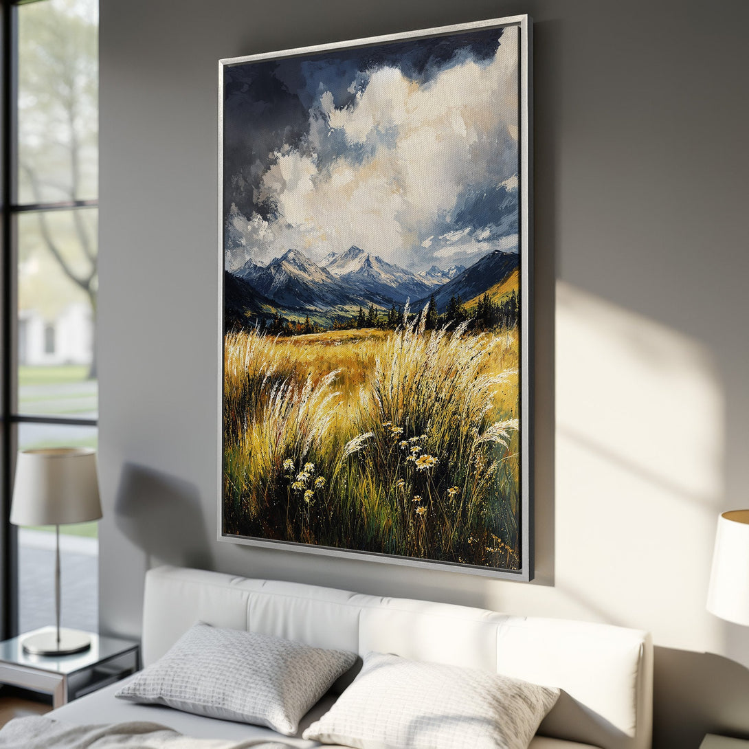 Framed Wall Art: Landscape Canvas Print of mountains and field in a warm, earthy color palette. Perfect for adding a touch of nature to your home decor.
