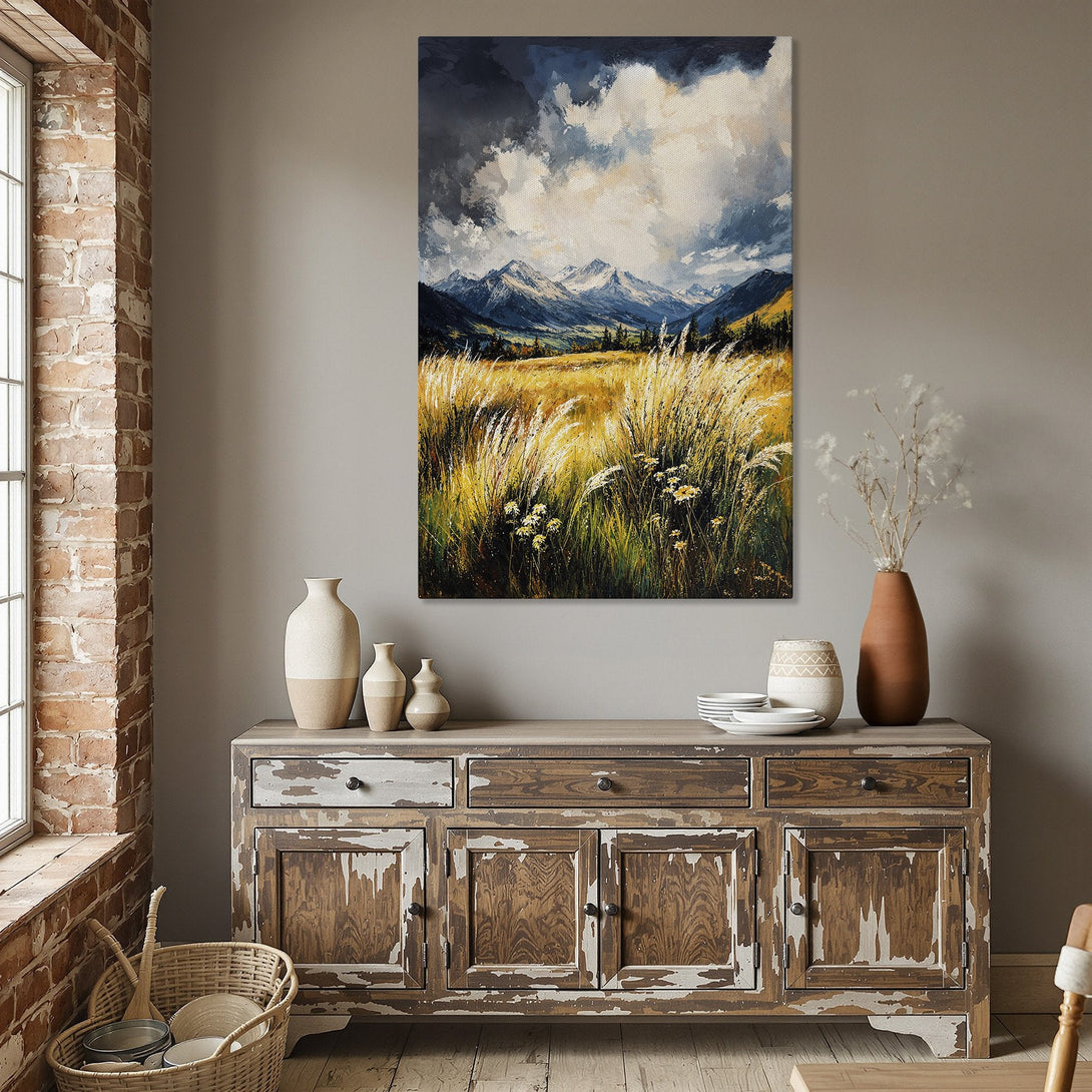 Framed Wall Art: Mountain landscape Canvas Print in a dining room. Features a vibrant, impressionistic style with blue, gold, and green hues. Perfect home decor.