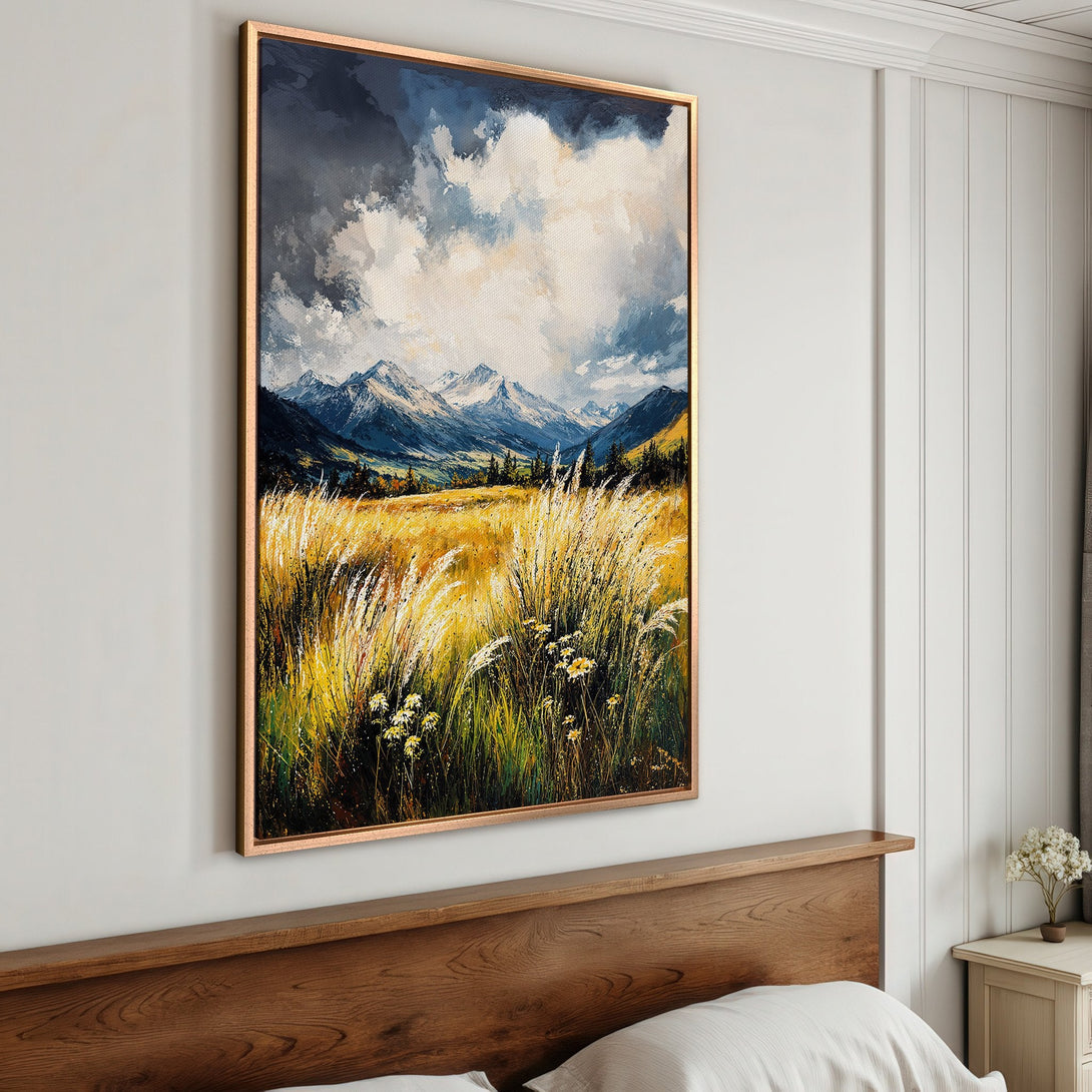 Framed Wall Art: Mountain landscape painting with a warm color palette. Perfect for adding a touch of nature and style to your bedroom decor.