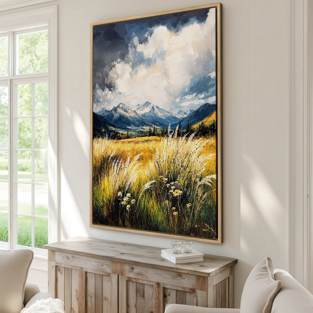 Framed Wall Art: Mountain landscape Canvas Print with a warm yellow, blue, and green color palette. Perfect for modern home decor.