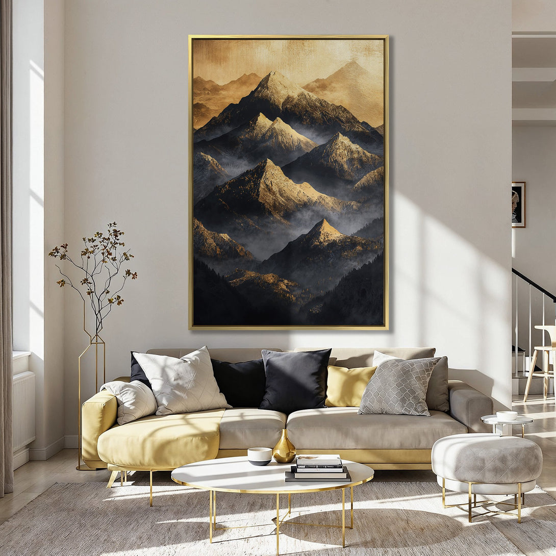 Canvas Print of majestic mountain landscape in warm gold and black tones, perfect for adding a touch of nature-inspired art to your home.