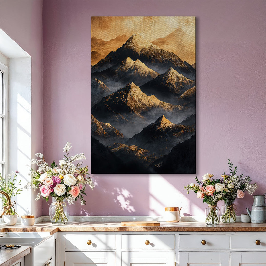 Framed Wall Art: Majestic mountain landscape canvas print in gold and black tones. Modern art for a stylish living room. Elevate your home decor today!