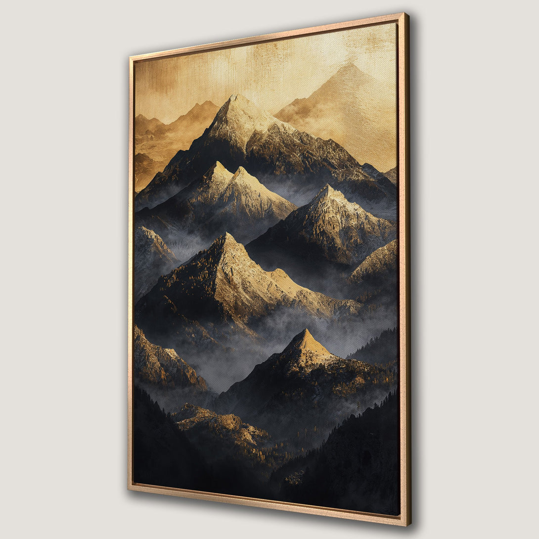 Framed Wall Art: Majestic mountain landscape Canvas Print in warm gold & black tones. Perfect for adding a touch of nature's beauty to your home decor.