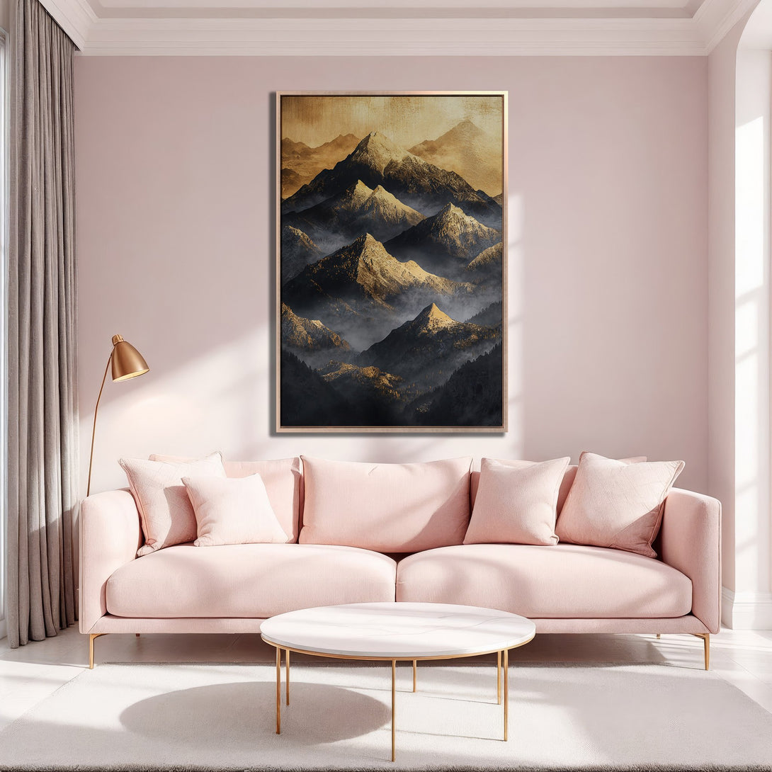 Framed Wall Art: Majestic mountain landscape canvas print in gold and black tones. Perfect for adding a touch of elegance to your living room decor.