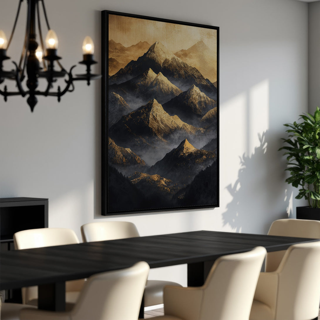 Framed Wall Art: Majestic mountain landscape canvas print in warm gold and black tones, perfect for modern home decor.