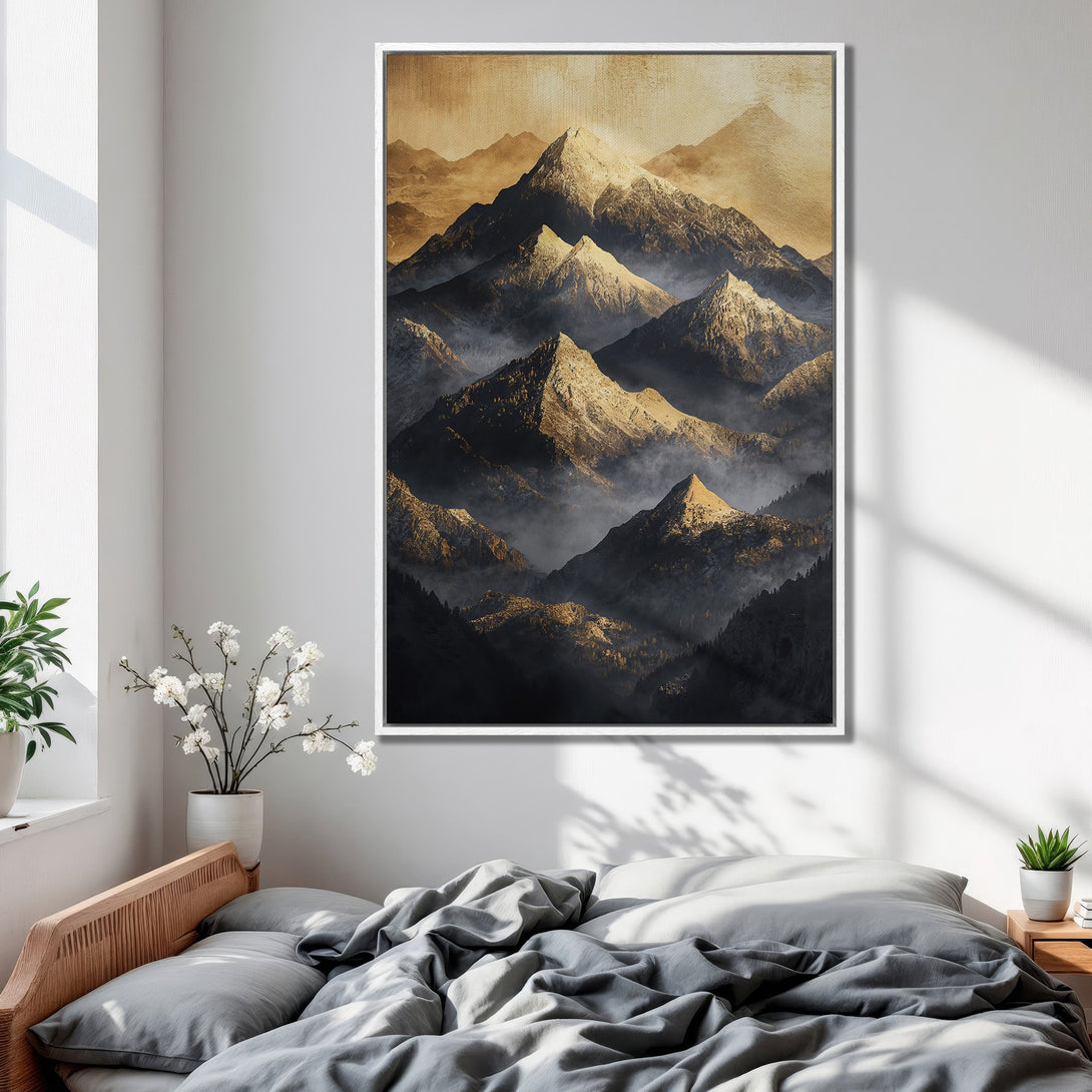 Framed Wall Art: Abstract mountain landscape canvas print in warm gold and dark tones. Perfect for bedroom decor.
