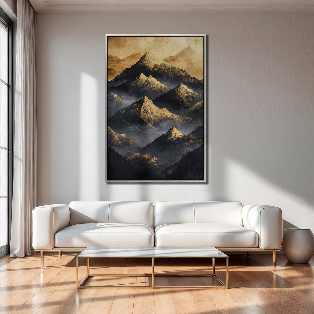 Framed Wall Art: Stunning mountain landscape Canvas Print in warm gold & black tones. Elevate your living room with this modern, artistic piece.