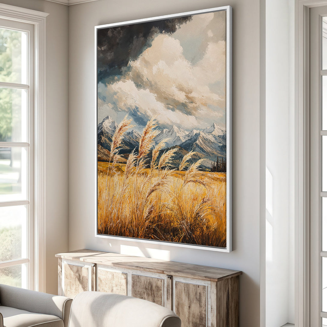 Framed Wall Art: Landscape Canvas Print with mountains and golden grasses. Earthy tones and a touch of blue create a serene, artistic vibe for your home.