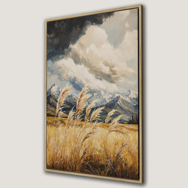 Framed Wall Art: Landscape Canvas Print of mountains and wheat field in a warm, neutral color palette. Perfect for adding a touch of nature to your home decor.