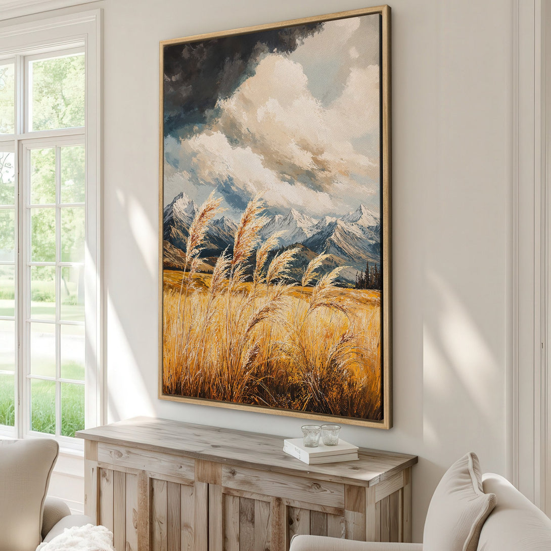 Framed Wall Art: Landscape painting with mountains and tall grass in warm, earthy tones. Perfect for adding a touch of nature to your home decor.