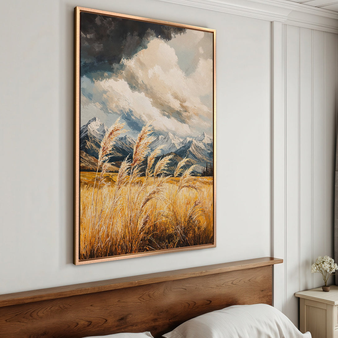Framed Wall Art: Landscape Canvas Print with mountains, fields, and clouds. Warm, earthy color palette. Perfect for adding a touch of nature to your home decor.