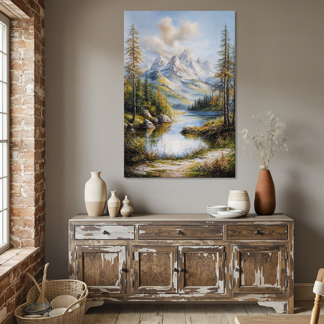 Framed Wall Art: Mountain landscape Canvas Print in warm tones. Adds a touch of nature and serenity to any dining room. Shop now!