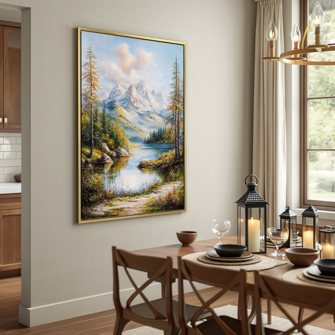 Canvas Print of a serene mountain lake landscape painting in a rustic interior. Earthy tones and cool blues create a calming aesthetic.