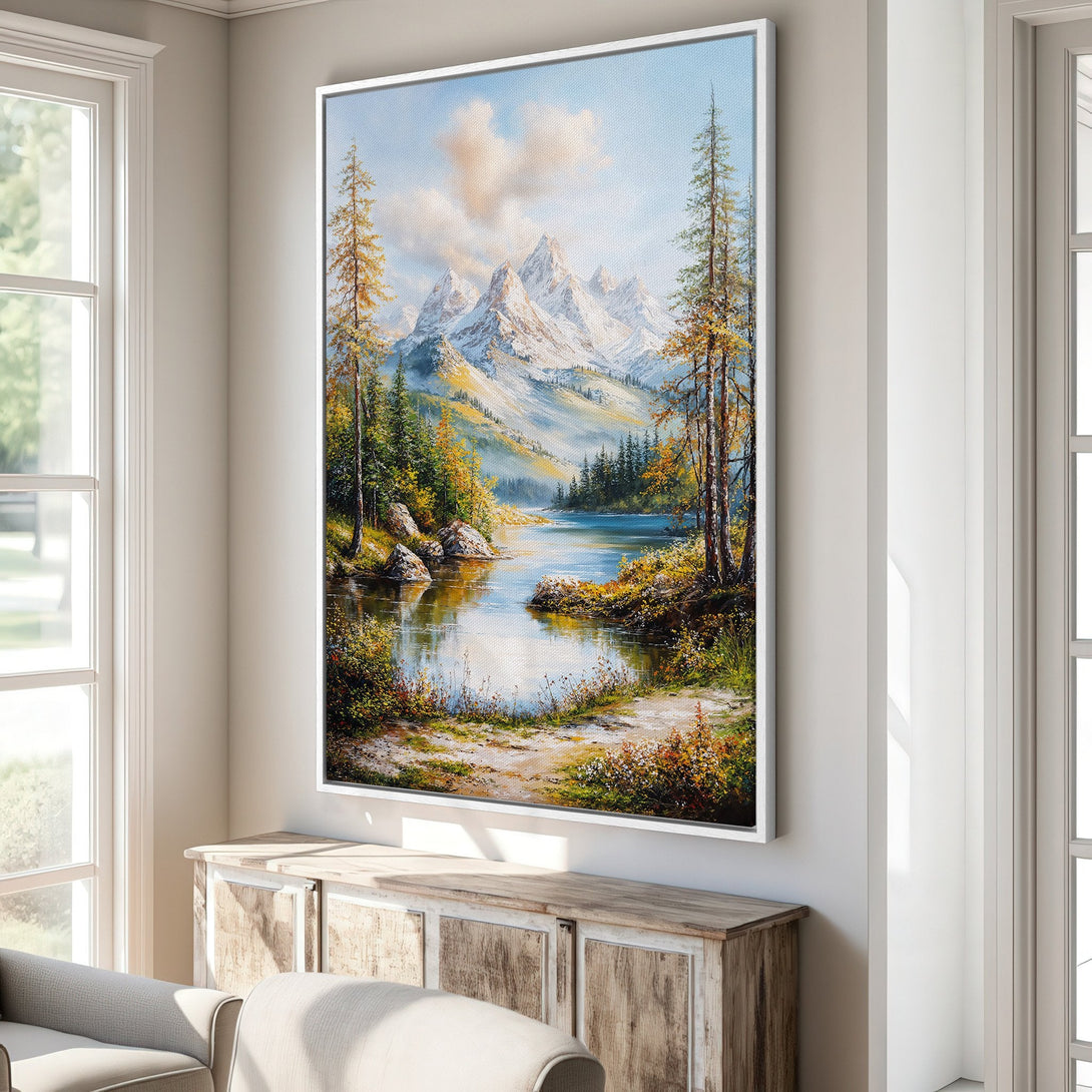 Framed Wall Art Canvas Print of a mountain lake landscape in a classic style, featuring a blue, green, and yellow color palette.
