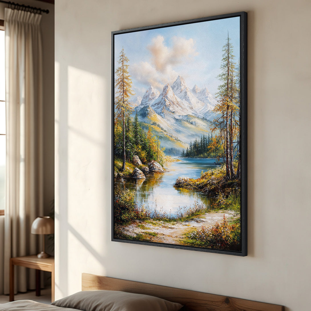 Framed Wall Art: Mountain landscape Canvas Print in warm tones. Bring nature indoors with this stunning artwork, perfect for any room!