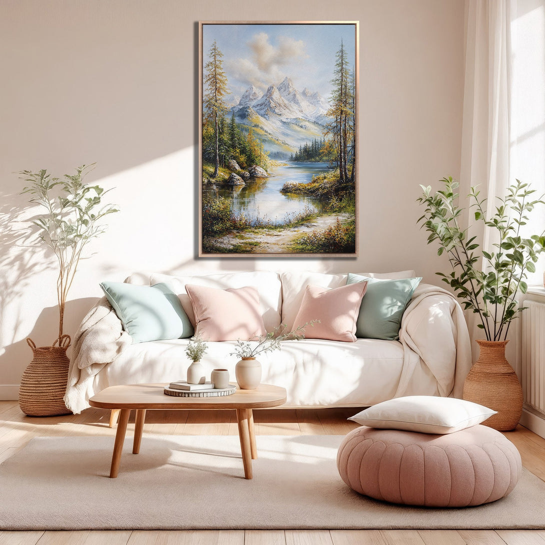 Framed Wall Art: Mountain landscape canvas print in a warm, neutral interior. Featuring a serene lake scene with a soft, natural color palette. Perfect for home decor.