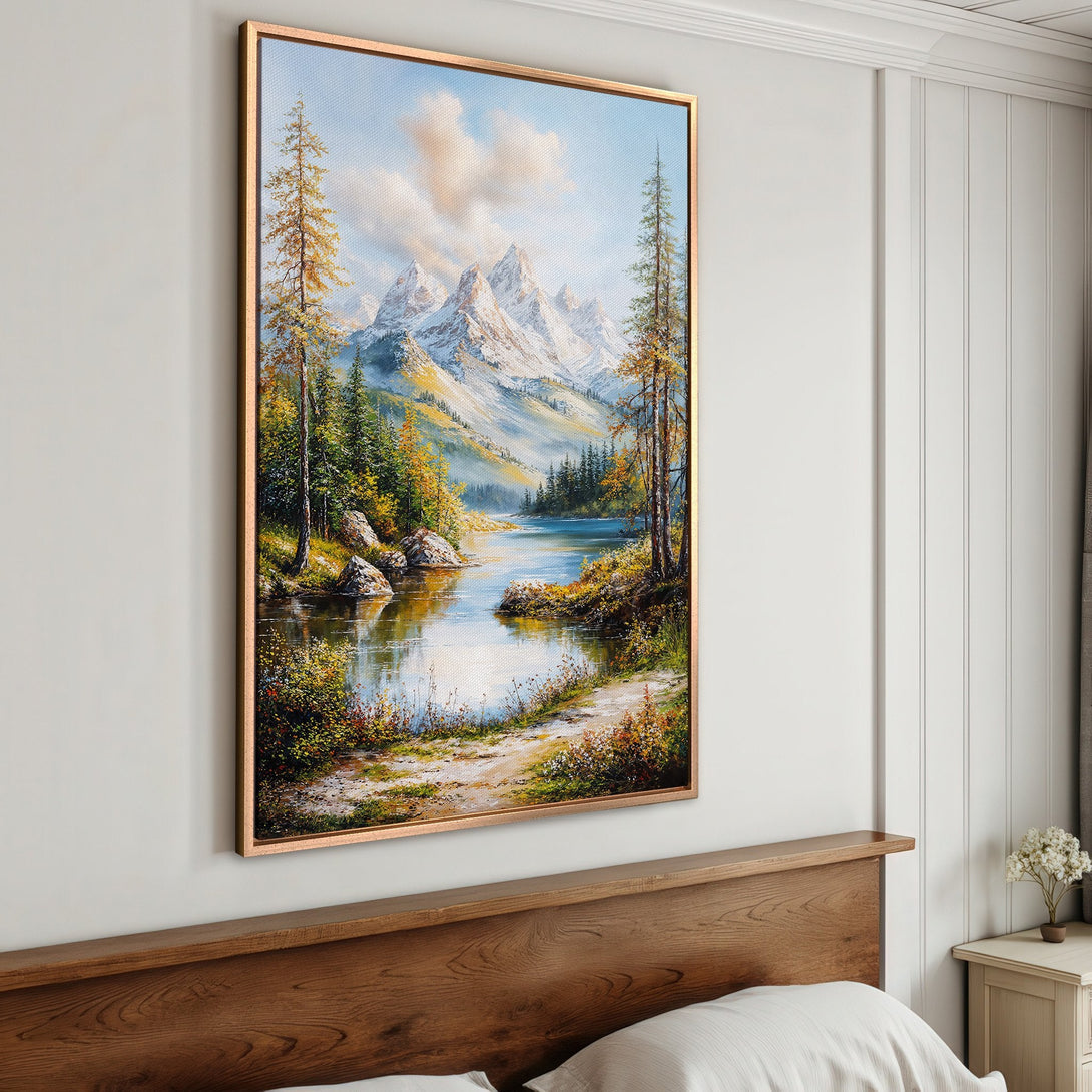 Framed Wall Art: Mountain landscape canvas print in a warm, inviting interior. Features a serene lake scene with a blue, green, and gold color palette.