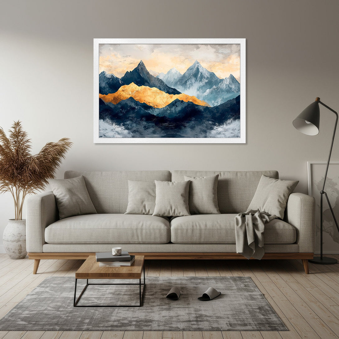 Framed Poster of abstract mountain landscape art in blue, gold, and neutral tones. Perfect for home decor.