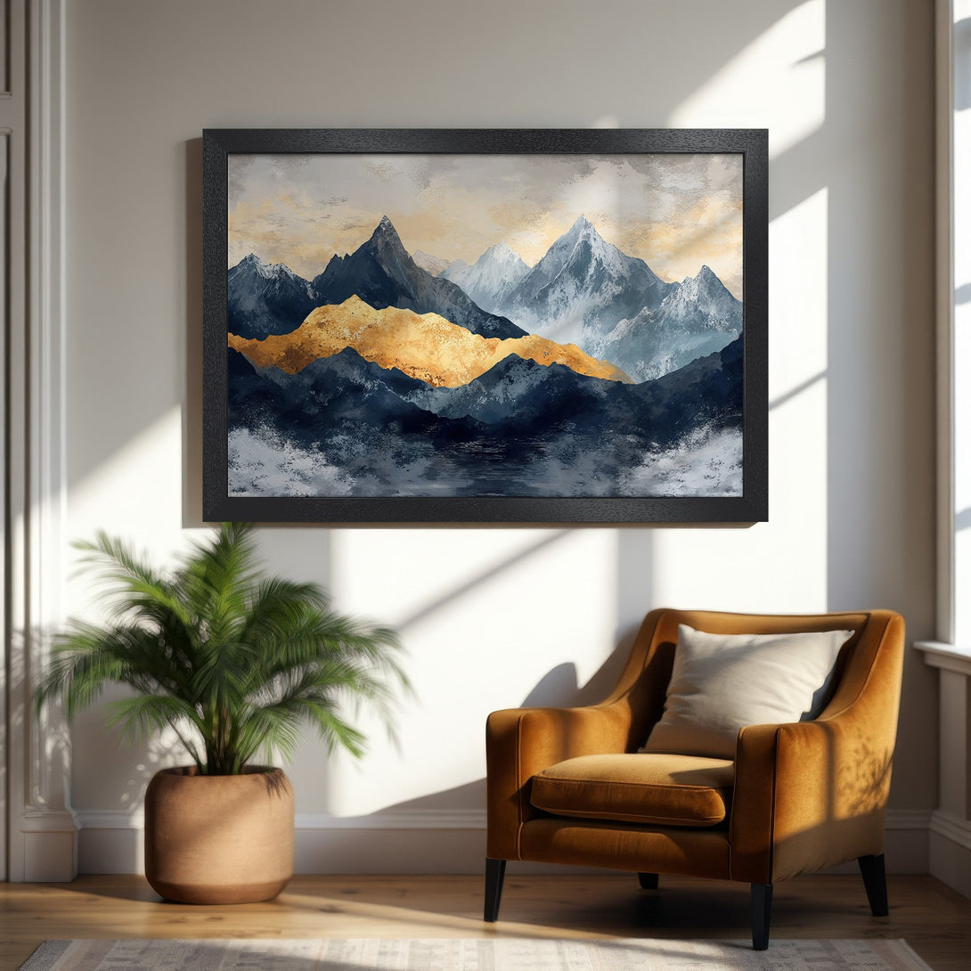 Framed Poster featuring abstract mountain landscape art in blue, gold, and neutral tones. Perfect wall decor.