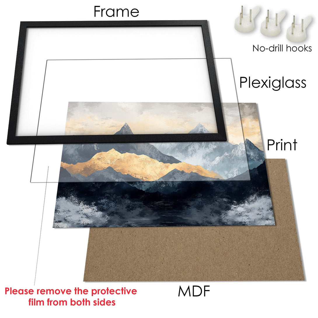 Framed Poster: Mountain landscape art print in muted blues, golds, and grays. Modern wall decor for your home or office.