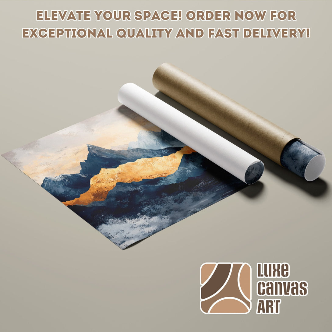 Abstract landscape Poster Roll in navy, gold, and beige. Elevate your space!
