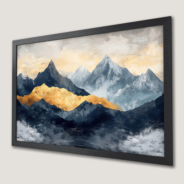 Framed Poster of abstract mountain landscape art in blue, gold, and gray tones. Modern wall decor.