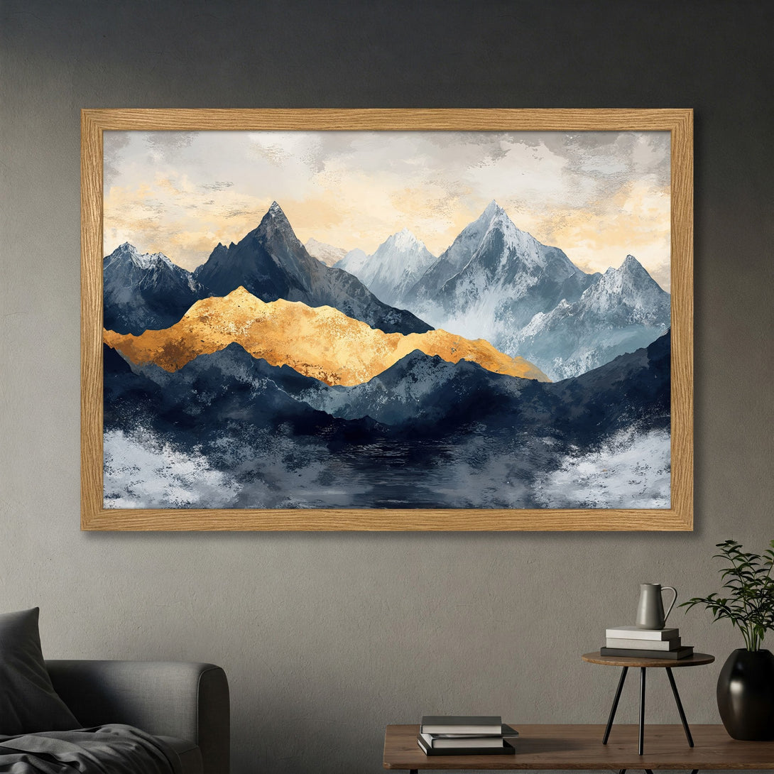 Framed Poster featuring abstract mountain landscape art in blue, gold, and gray. Perfect wall decor for your home!