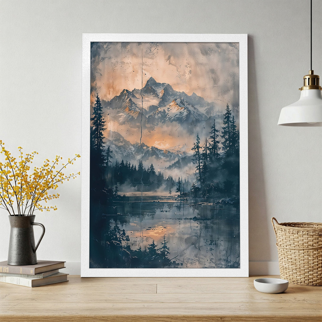 Framed Poster of a stunning mountain landscape in a watercolor style with a cool, moody color palette. Perfect wall art!