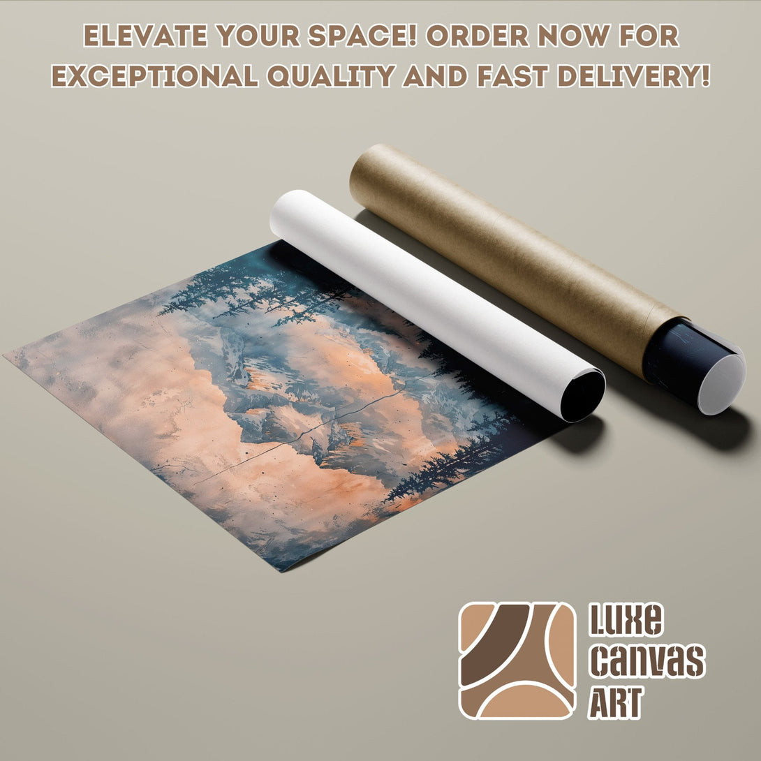 Abstract landscape Poster Roll in blue, orange, and brown tones. Elevate your space!