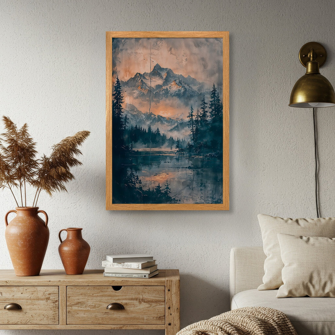 Framed Poster of a misty mountain landscape in a moody, blue and orange color palette. Perfect wall art for your home!