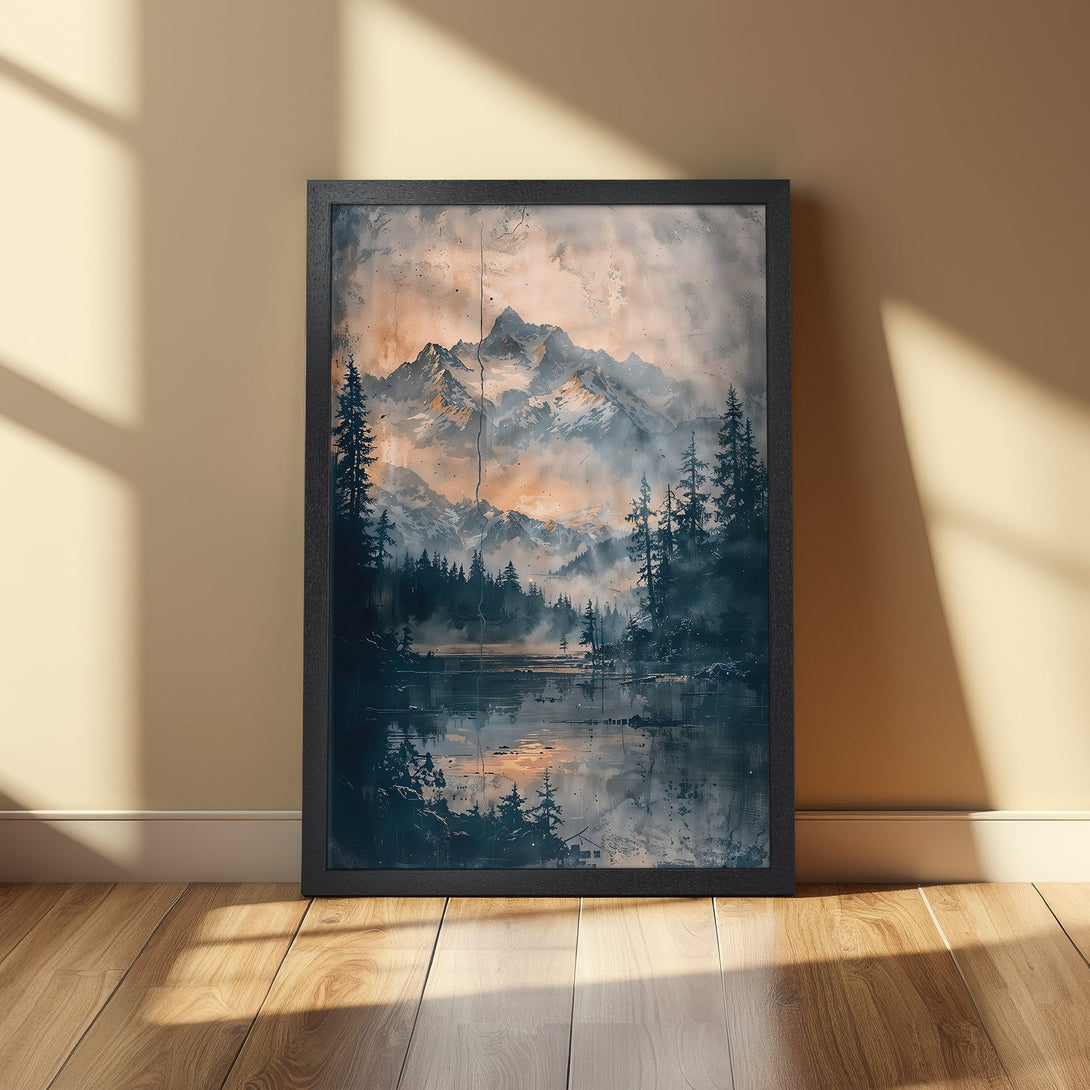 Framed Poster of a mountain landscape in a moody, watercolor style with a blue and orange color palette. Perfect wall art!