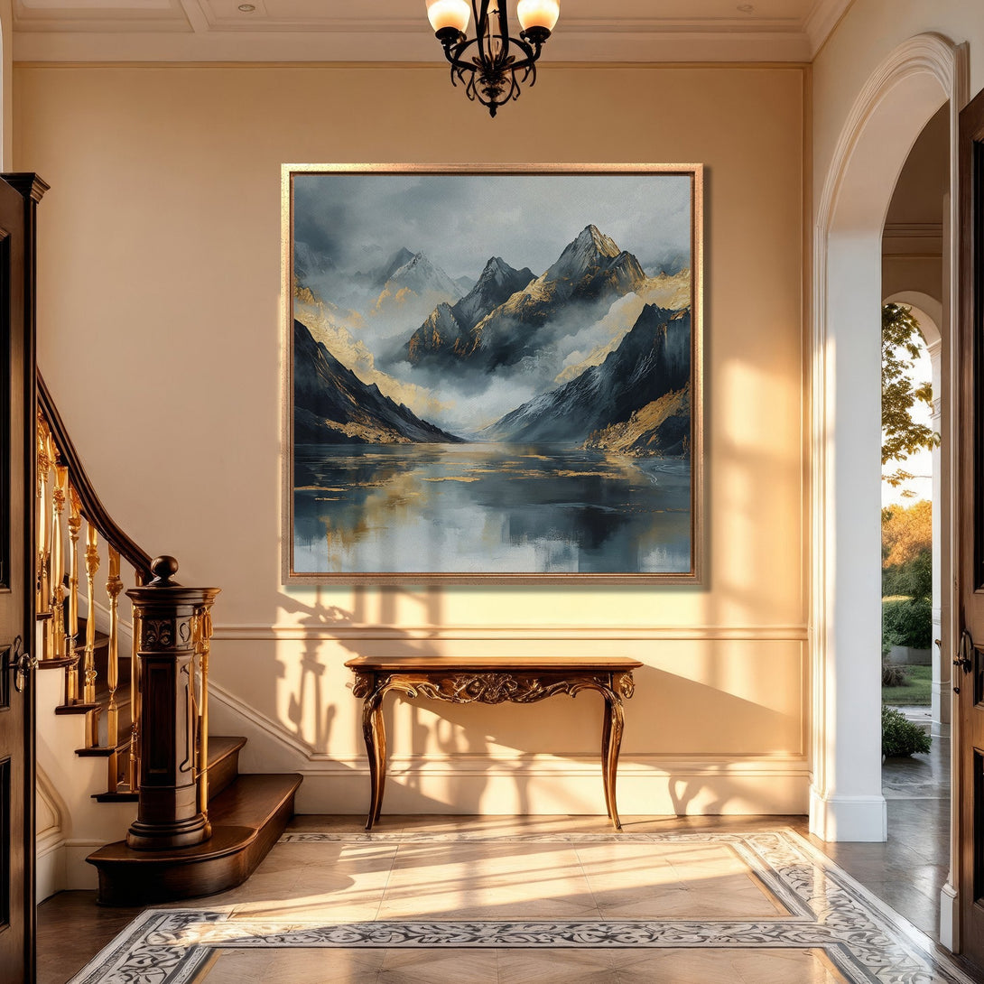 Framed Wall Art: Mountain landscape Canvas Print in a luxurious interior. Features a moody, gold and blue color palette, perfect for adding elegance to any space.