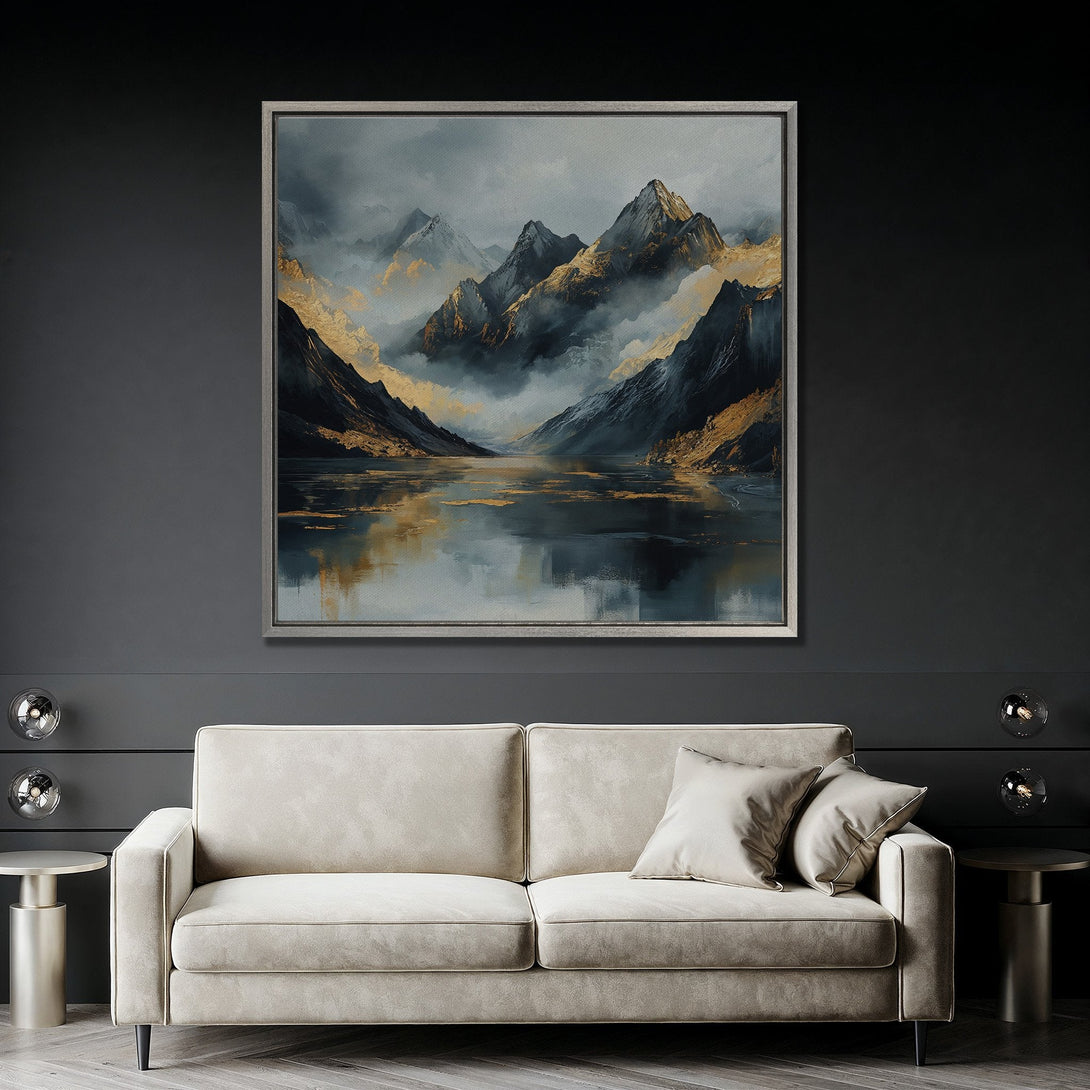 Framed Wall Art: Mountain landscape canvas print in a modern interior. Features a moody, gold, and gray color palette. Perfect for adding a touch of elegance.