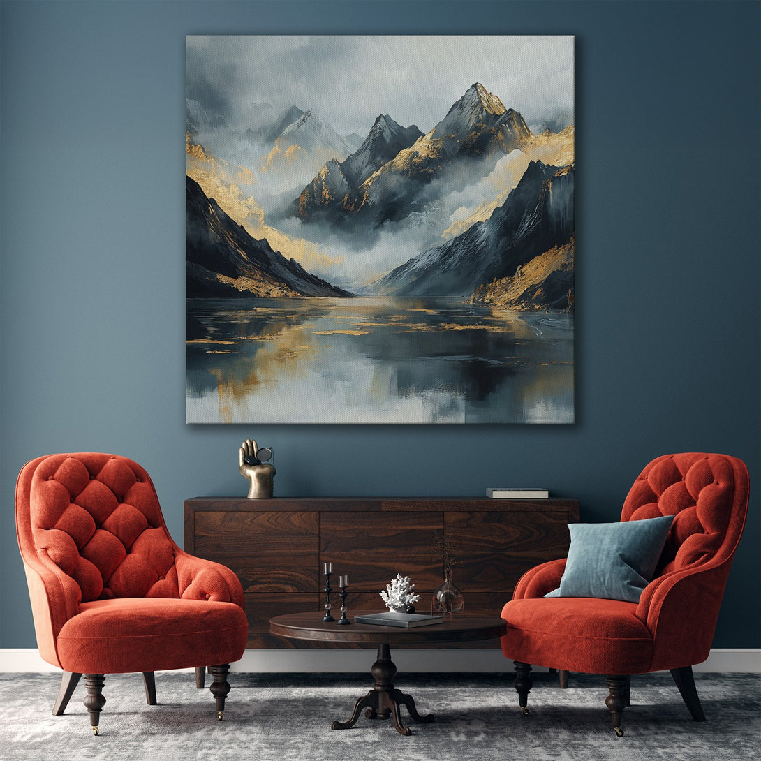 Framed Wall Art featuring a serene mountain landscape in a gold, gray, and black color palette. Modern art perfect for living room decor.