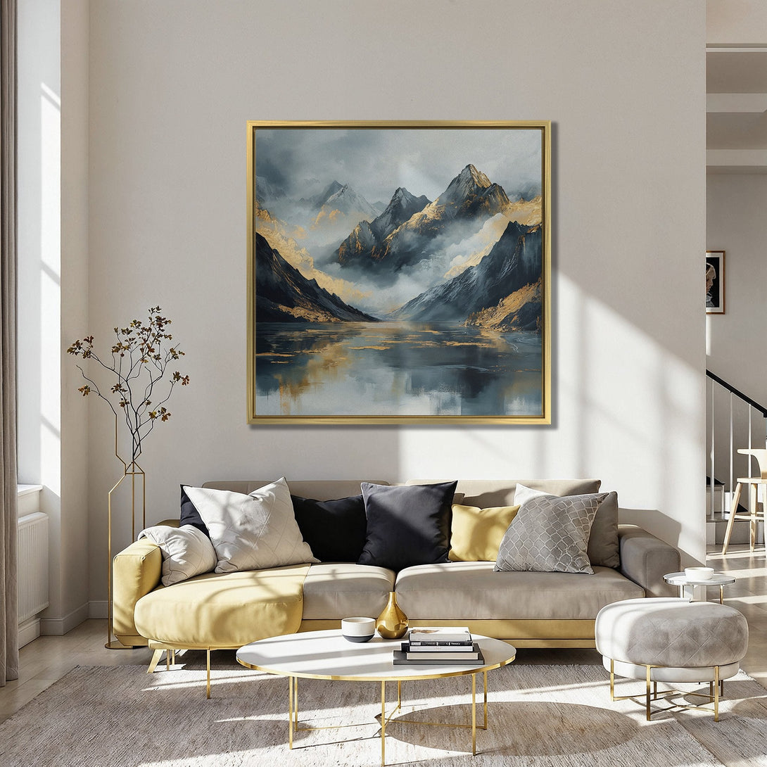 Canvas Print of a mountain landscape in a moody, painterly style with gold accents. Features a cool blue and warm gold color palette.